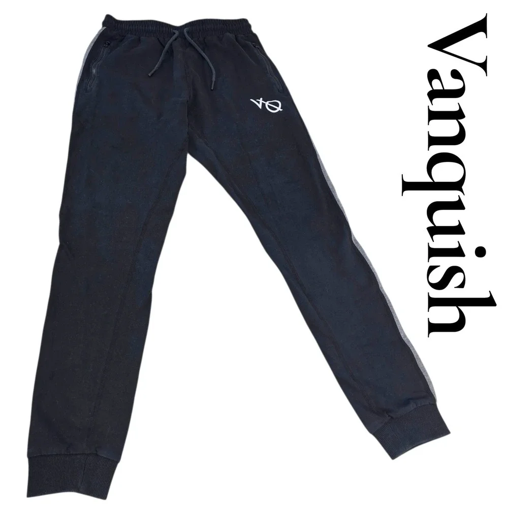 Vanquish Fitness Joggers Mens Medium Black Cotton Blend Stripe Zipper Gym Pants